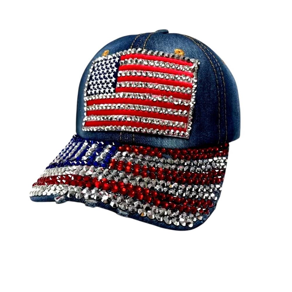 USA Bling Hat Blue 250  Distressed American Flag Women 4th July New Patriotic